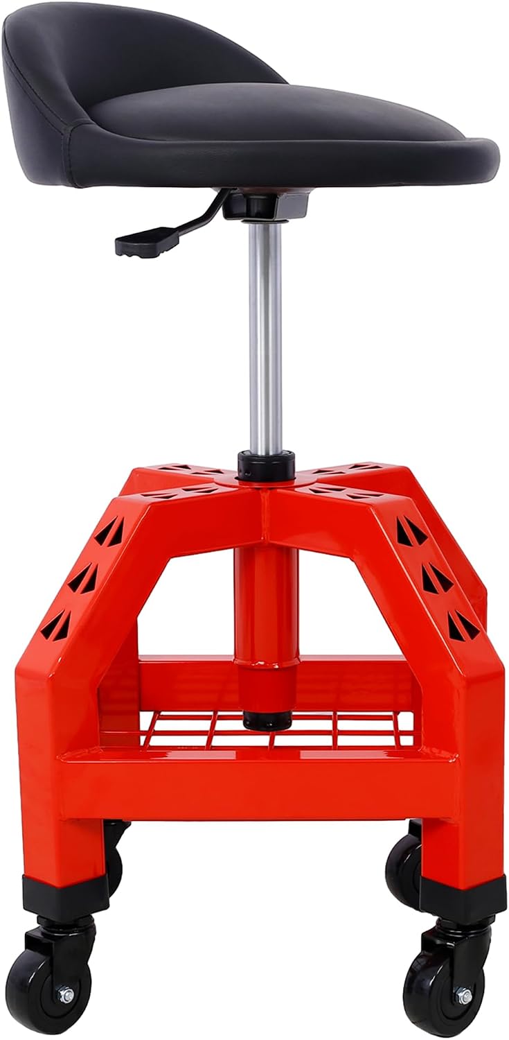 Campfun Rolling Shop Stool, Creeper Seat Garage Stool on Wheels, Mechanics Chair Adjustable Height 360° Swivel Shop Seat, Red