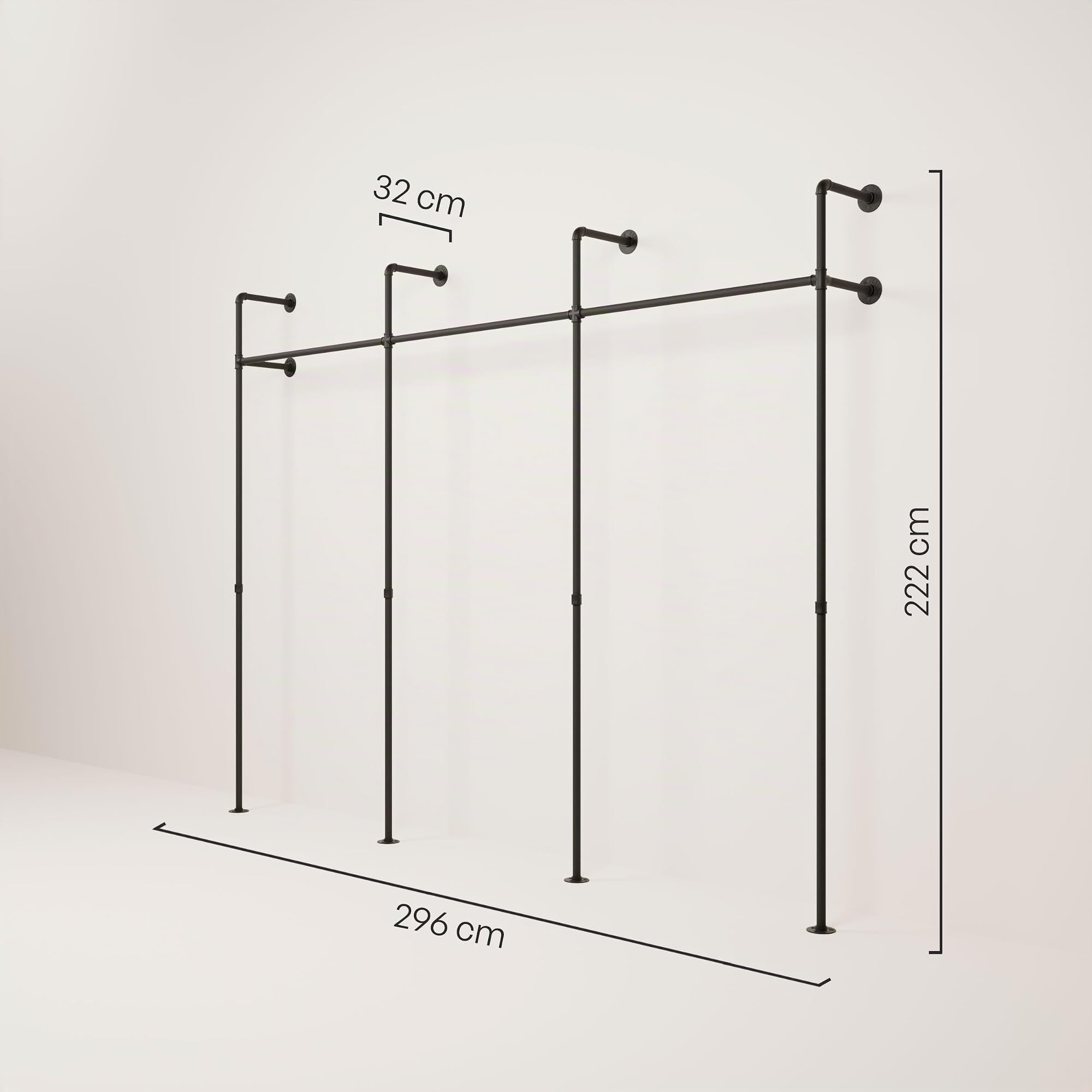 pamo Percheros Pared Negro 296x222 cm – Soporta 340 kg | Barra para Colgar Ropa | Armario Abierto Metálico – Vestidor Abierto Modular I Recubrimiento Clearguard anti-arañazos