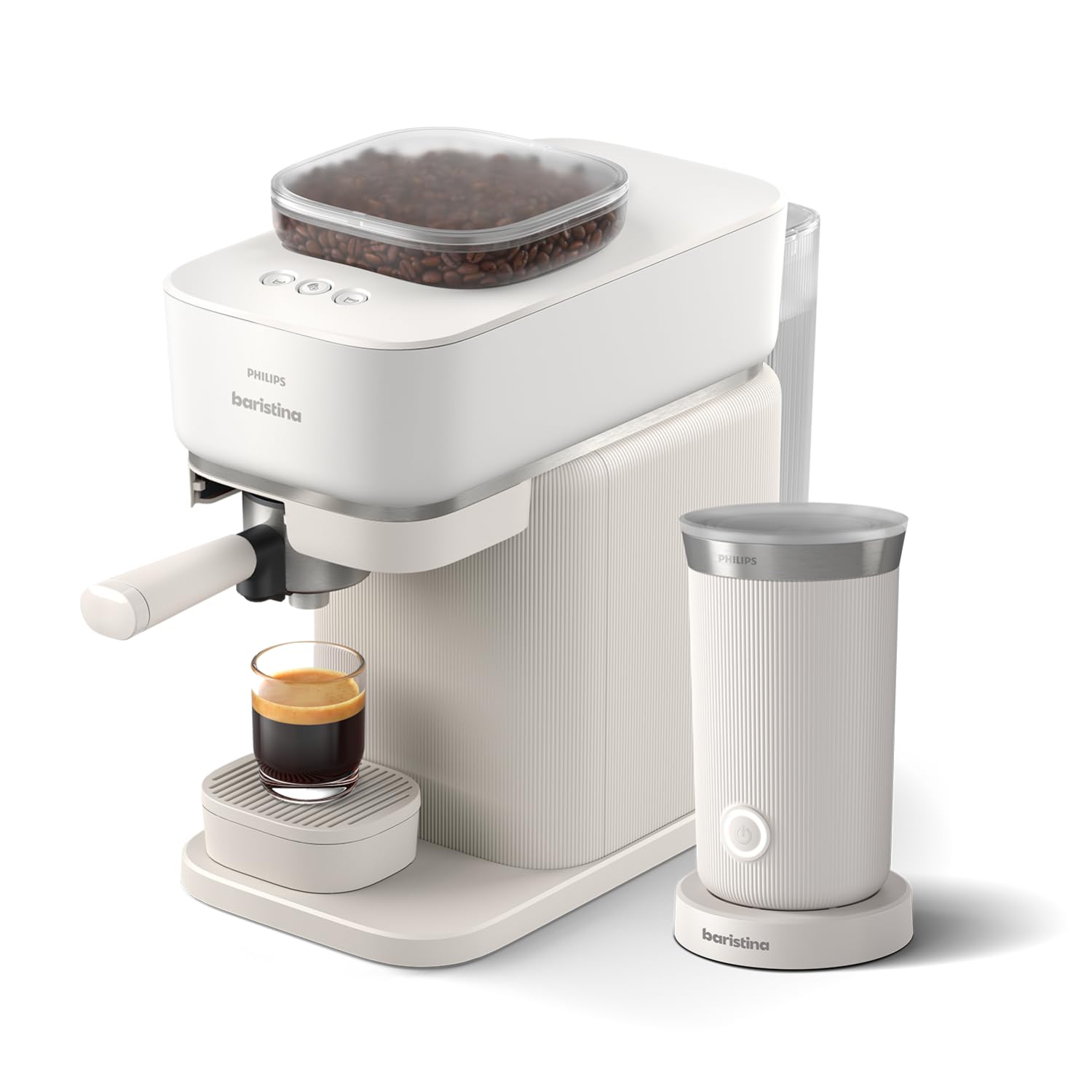 Philips Baristina Machine à expresso - Mousseur à lait inclus - Un véritable expresso, en toute simplicité - 16 bars de pression - Broyeur intégré - Machine blanche avec porte-filtre blanc (BAR303/00)