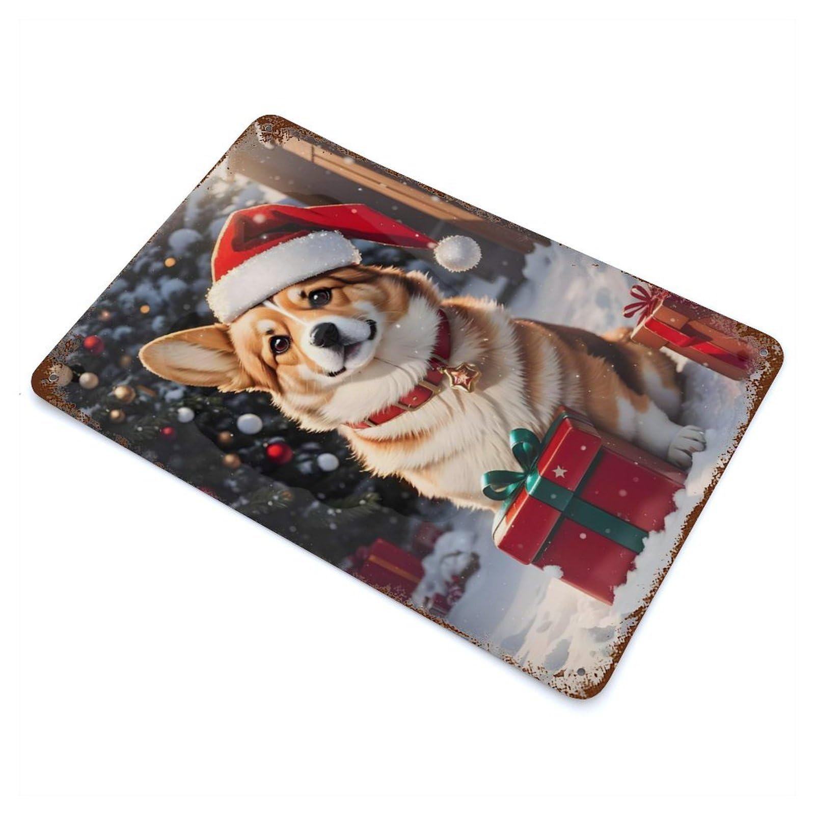 Weathered Tin Sign with Corgi Christmas Dog Design 11.8"x7.9", for Basement, Hobby Room And Garage Decor, Industrial Home Decor