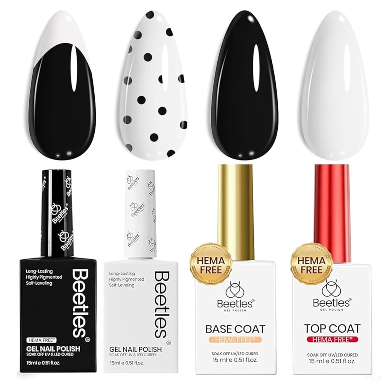 Beetles French Tip Gel Polish - Ink Snow Twins with Base Coat Top Coat, 2 Colors Hema Free Black & White Gel Nail Polish Set, Soak Off UV LED French Nail Kit, Summer Nails for Beginner & Professional