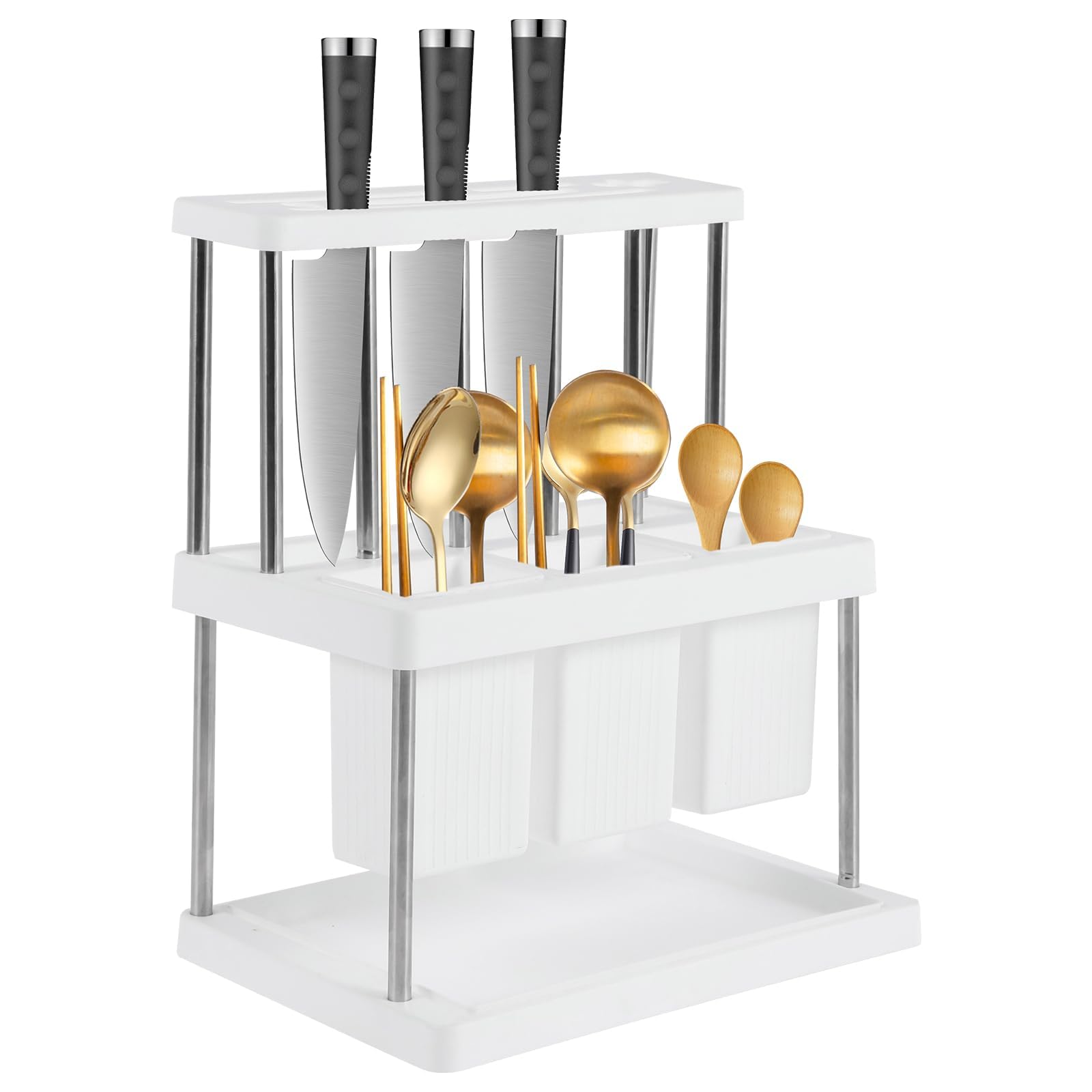 NALACAL Knife Block Holder Drainer Rack, Universal Kitchen Storage Stand, Spoon Chopsticks Fork Drain Rack Flatware Organizer, Kitchen Knife Holder Cutlery Storage Rack for Kitchen Sink Countertop