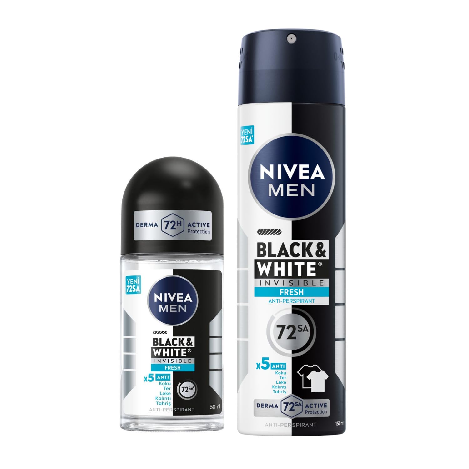 NIVEA Men Erkek Sprey Deodorant Black&White Invisible Fresh 48 Saat Anti-Perspirant Koruma (150 ml) + NIVEA Men Erkek Roll On Deodorant Black&White Invisible Fresh 48 Saat Anti-Perspirant Koruma,50 ml
