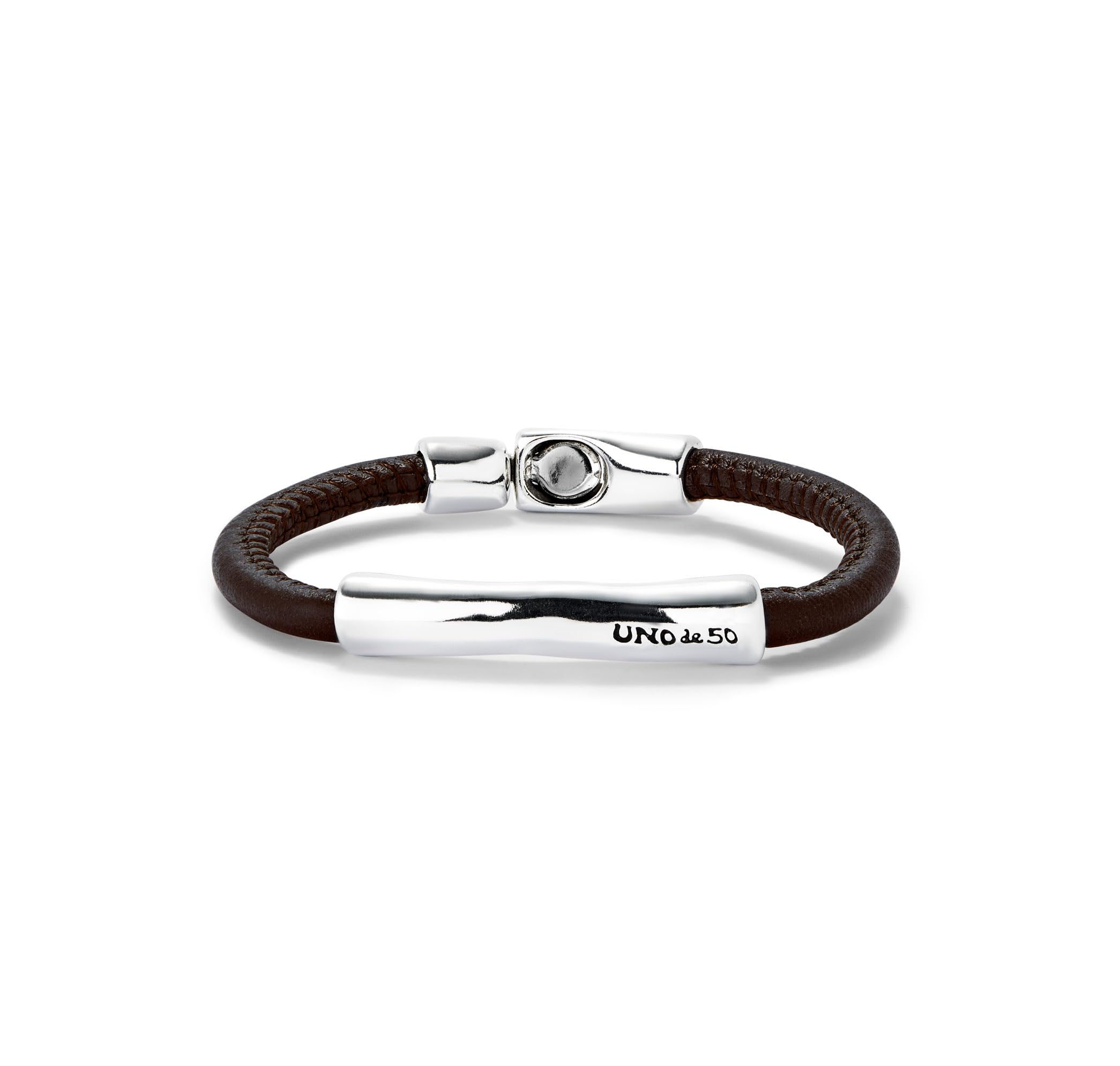 Unode50 Hombre Marron Pulsera De Cuero Marrón Con Detalle Central Bañado En Plata De Ley