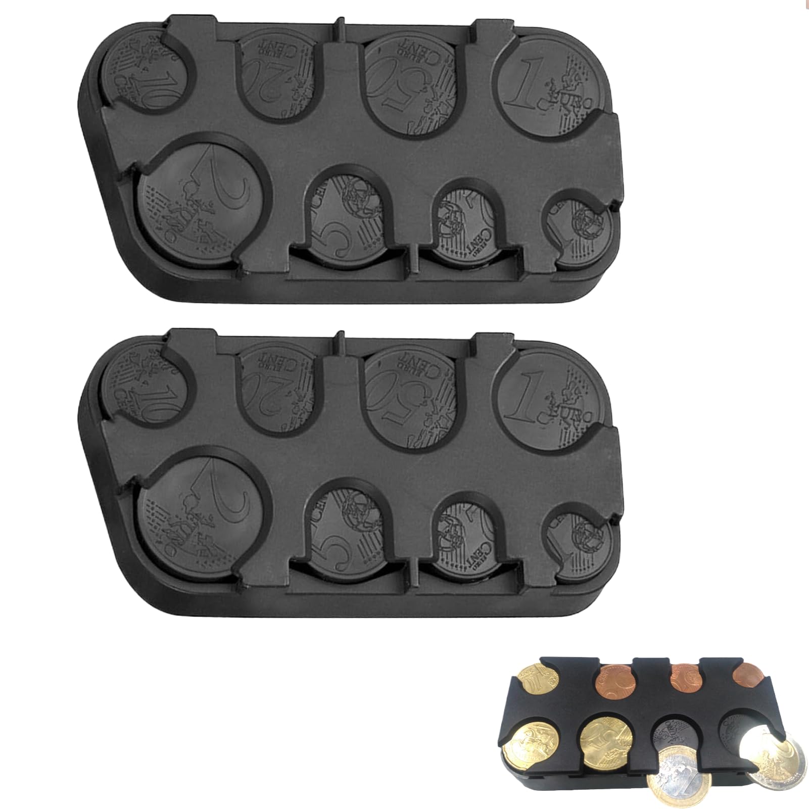 2개 동전 보관 팩 동전 상자 유로 동전 수집기 빠른 고정(잔돈 상자) 잔돈 분류기 동전 홀더 자동차 택시용 동전 분류기 2유로에서  1센트까지 8칸(검정색)-Freehip.co.kr