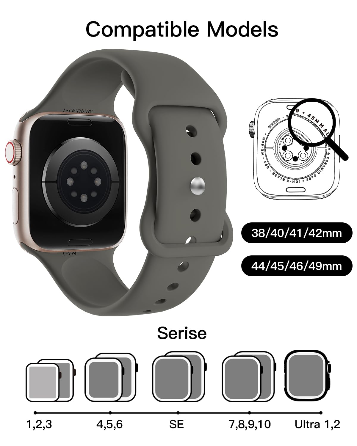Patented Cinturino Sportivi Compatibile per Cinturino Apple Watch 44mm 45mm 46mm 49mm 42mm(serie 10) da Donna Uomo, Cinturino in Silicone per Apple Watch Serie 10 9 8 7 6 5 4 3 2 1 SE