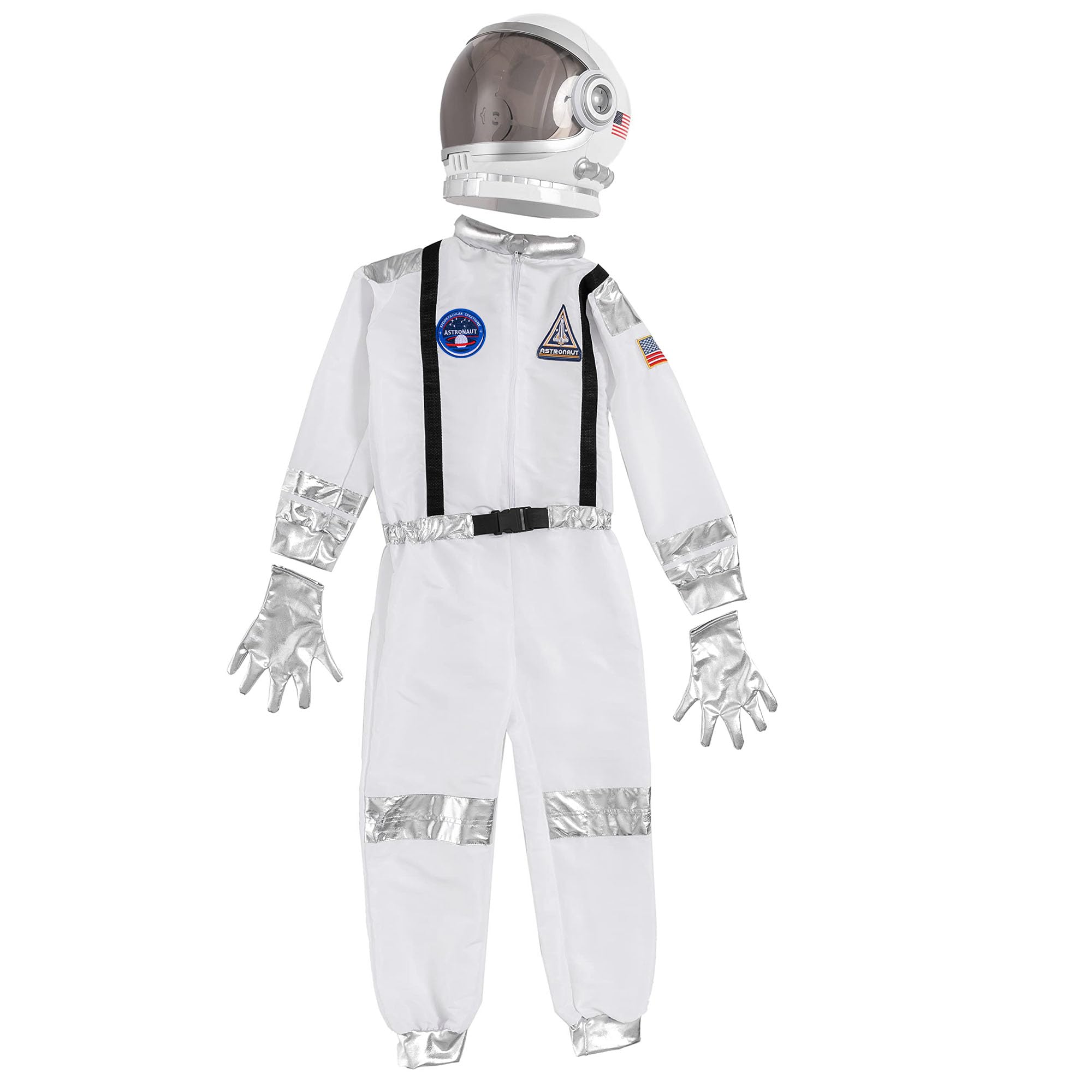 Spooktacular Creations Kostium dla dzieci na Halloween, uniseks, srebrny pasek, kostium astronauta, kombinezon dla jeźdźców z kaskiem, 3T-L (3-12 lat)