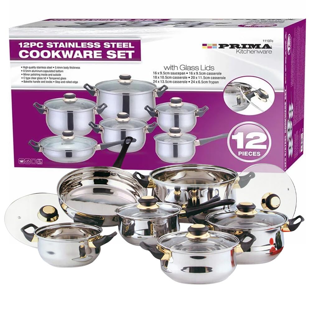 Bargains-Galore 12Pc Cookware Set - Saucepan, Frying Pan Pot & Casserole Stainless Steel Cookware | Non Stick, Kitchenware, Glass Lids, | Strong Quality, Long Lasting & Durable (12 Piece Cookware Set)