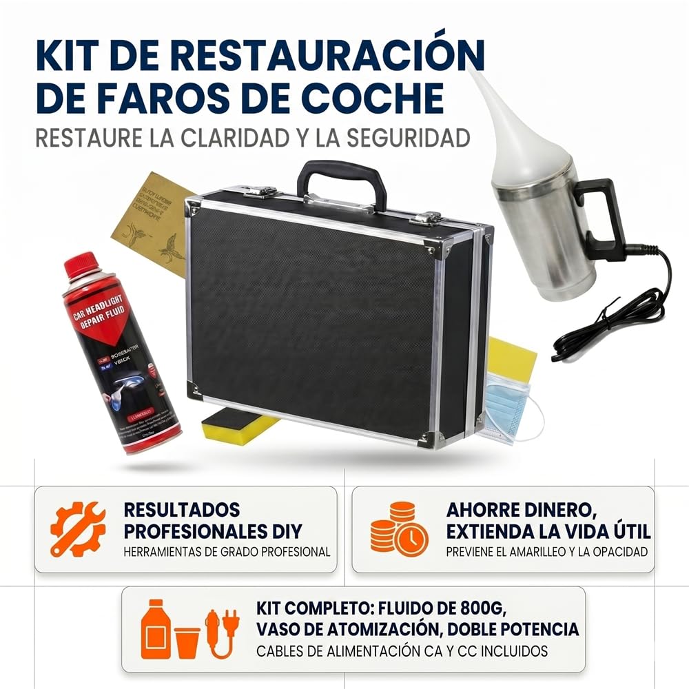 Kit de Restauración de Faros de Coche Profesional, Sistema con Taza de Atomización de Acero Inoxidable y 800g de Líquido Renovador, Elimina Arañazos, Amarillamiento y Oxidación, 12V/220V