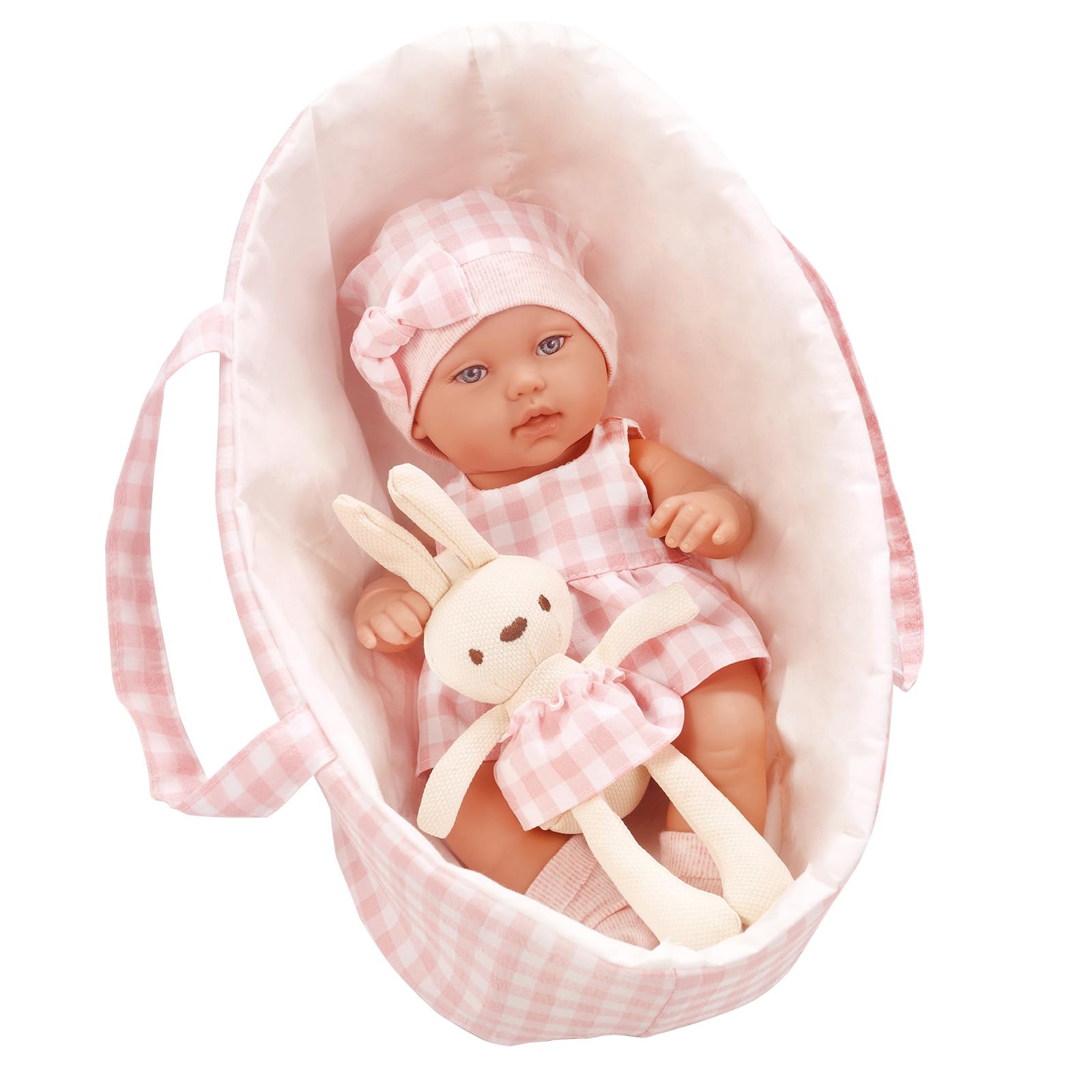Ecore Fun 12'' Baby Doll Playset with Doll Accessories Includes 12 Inch Baby Dolls with Pink Plaid Rabbit Dress, Hat, Socks with Bassinet, First Baby Dolls for Toddlers