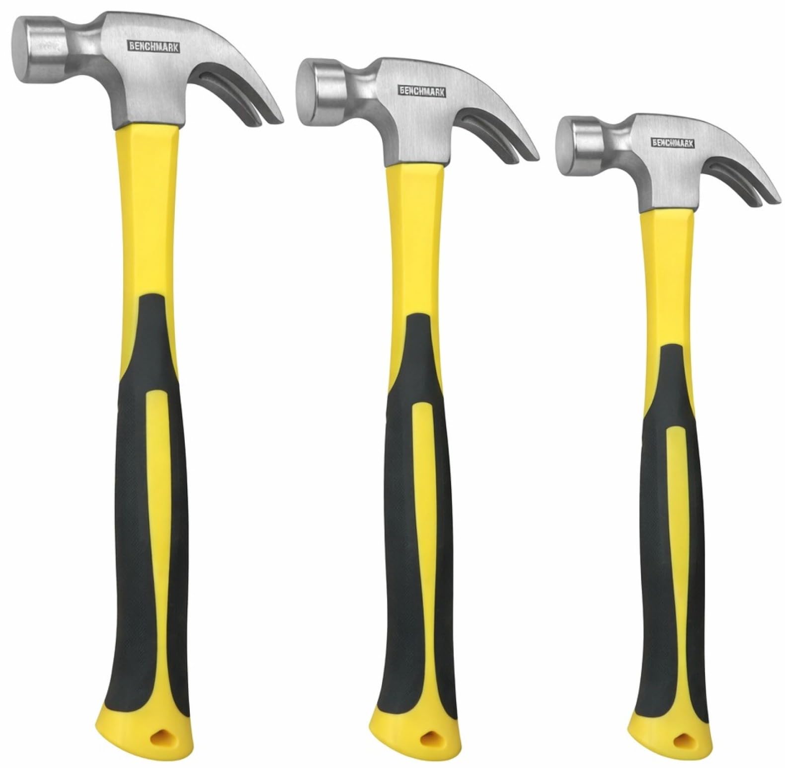 Benchmark 3 Pack of Claw Hammers (20 oz, 16 oz, 8 oz) with Sure-Grip Fiberglass Handles and Polished Steel Head