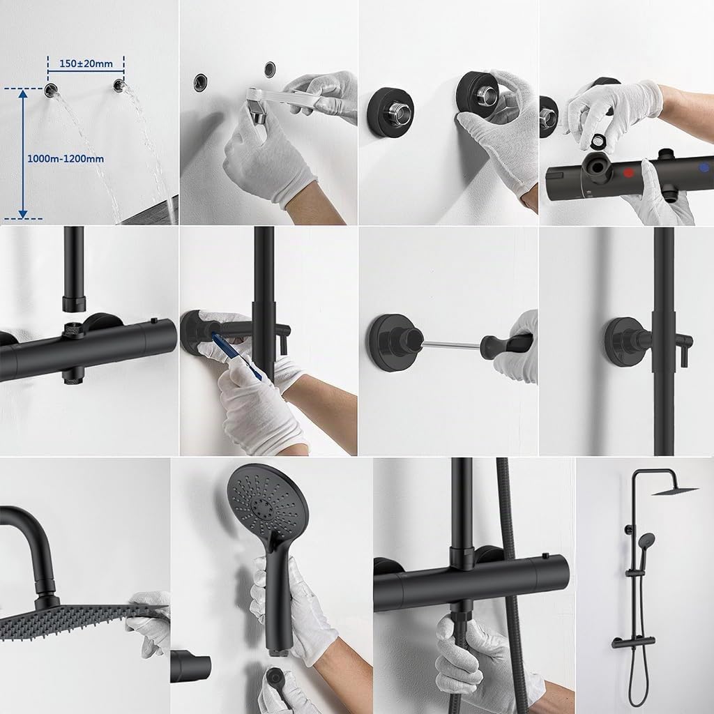 AICA Colonna Doccia con Miscelatore Termostatico, Rubinetto Doccia Soffione Doccia Quadrato in Acciaio Inox 20x20cm, Doccetta Tonda da 108mm, Altezza Regolabile 735-1170mm, Set Doccia Completo Nero