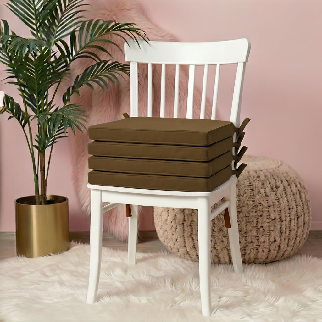 iSTYLE MODE BETTER HOME CHOICE Set Of 4 - Water Resistant Chair Cushions With Ties Seat Pads Cushion Pad For Indoors Outdoors Patio Garden Foam Cushion Pad (50 x 44 x 4cm, Brown) — image 1