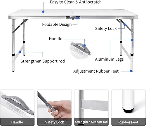Miniatura 6 de Moosinily Mesa de camping plegable mesa plegable de aluminio de 4 pies mesa de picnic con asa mesa de campamento portátil ajustable para picnic