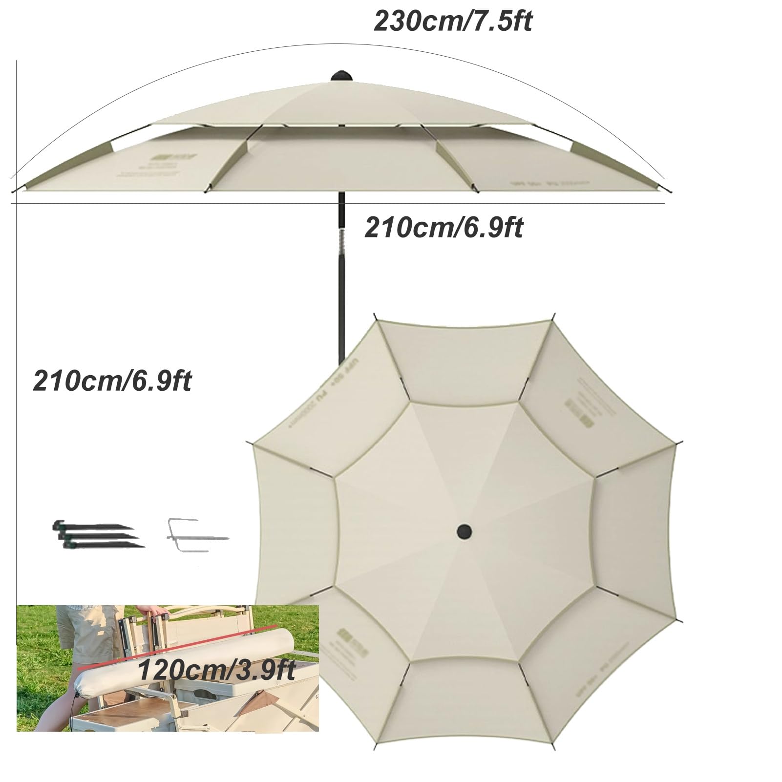 Wiatroodporny parasol plażowy 220 cm/240 cm/260 cm, ochrona przed promieniowaniem UV, przenośny parasol przeciwsłoneczny z kotwicą piaskową, parasol wędkarski, uchylny słup stalowy/aluminiowy(240cm/8f