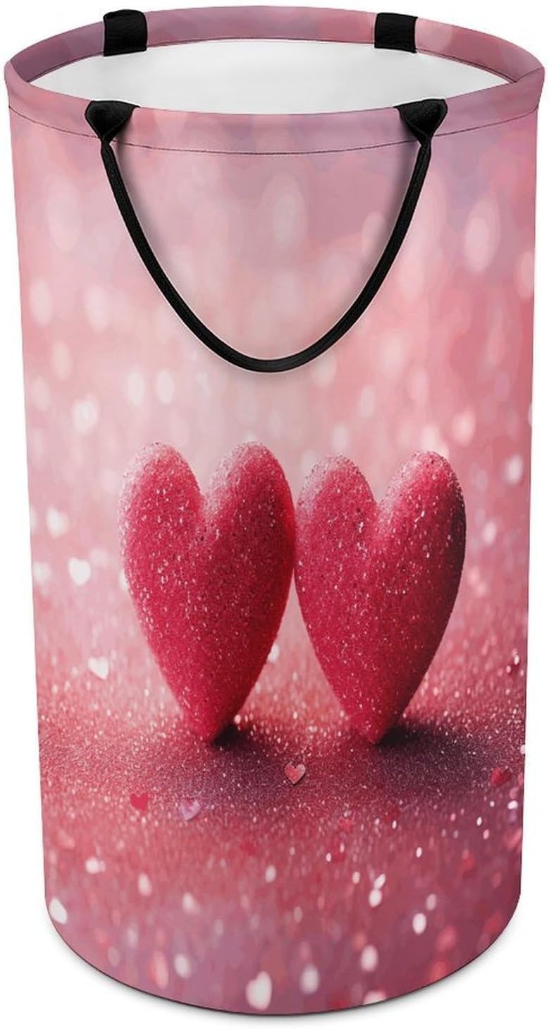 Red Heart Pink GlitterLaundry Hamper - Large Dirty Clothes Bag.Storage Basket for Easy Carry Handles. Large Clothes Basket with Handles, Clothing Storage Bucket Toy Organizer for Bathroom Bedroom Dor