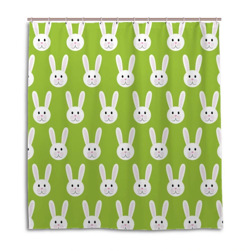 Rideau de douche lapin en tissu polyester vert lavable avec oeillets