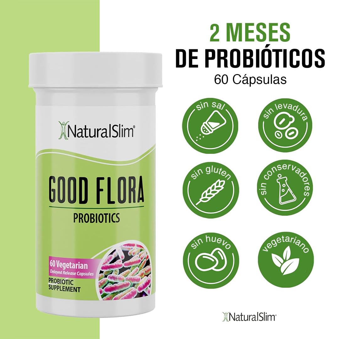 NaturalSlim Good Flora Probióticos intestinales y Enzimas Digestivas, Suplemento Natural para una Flora Intestinal Equilibrada, Digestión y Bienestar General, 7 tipos de probióticos, 60 Cápsulas