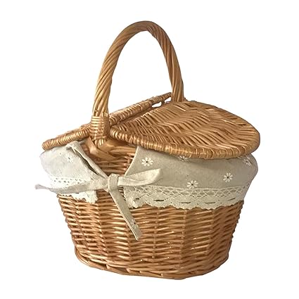 3NH Picnic Set, Hand Woven Picnic Basket with Lid and Handle Rattan Storage Serving Basket for Fruits Chips Sandwiches Vegetables Bread