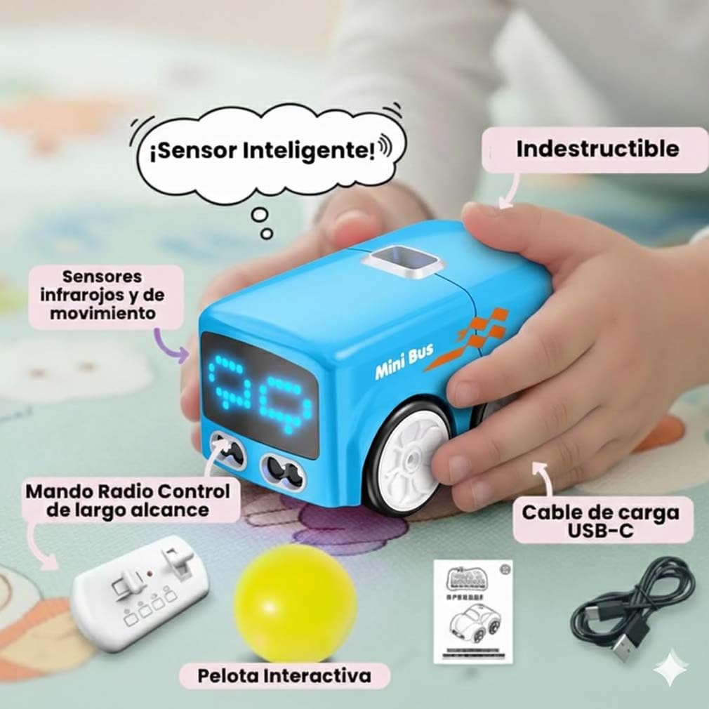 Magic Mini Rc Bus, Magischer Mini Ferngesteuertes Bus, 2026 Upgraded RC Sensorfahrzeug, Automatische Vermeidung Patrouille Linie Fahren Desktop Spielzeug Auto mit LED-Ausdruckslicht für Kinder (Weiß)