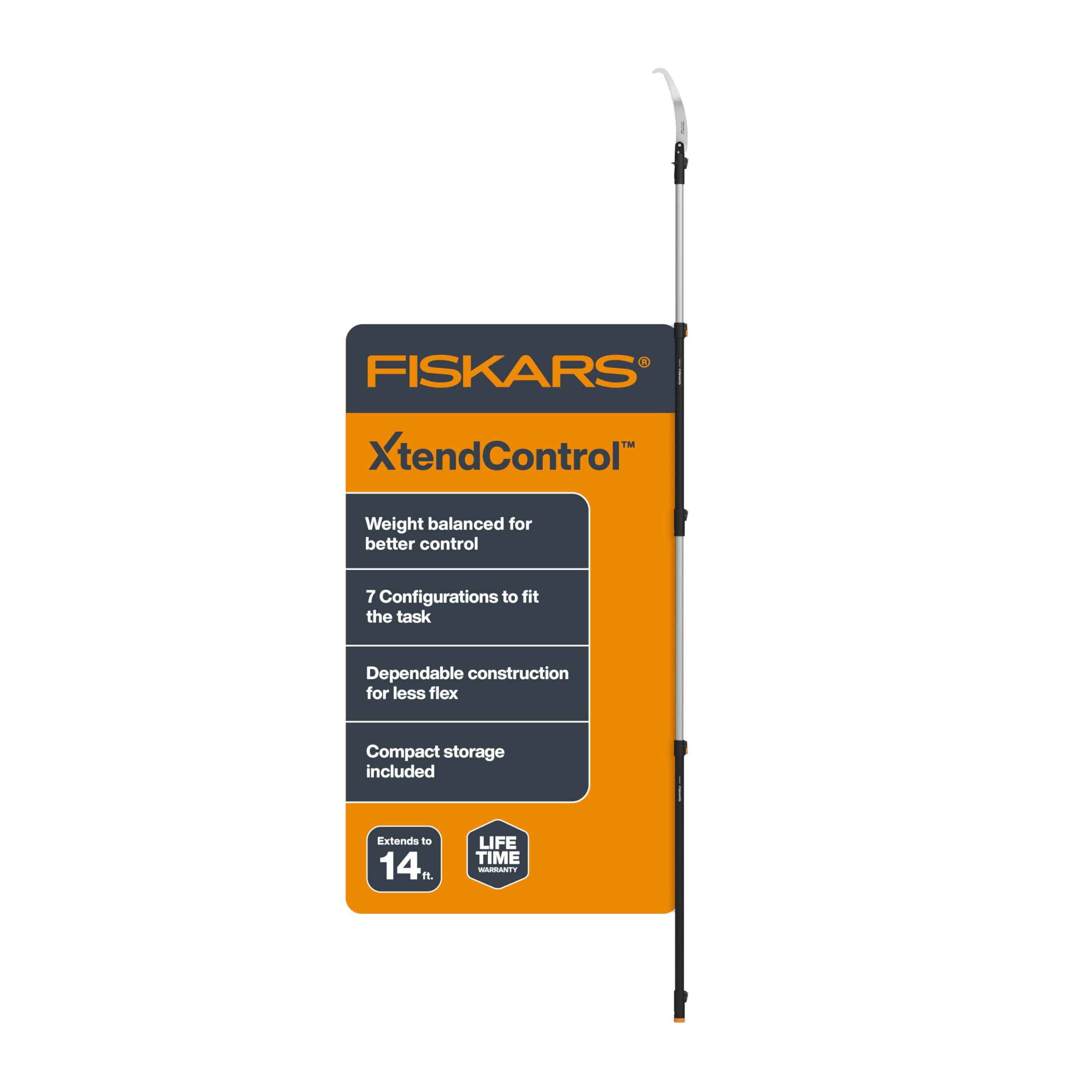 fiskars xtendcontrol extendable tree pruner (14 ft), adjustable branch trimmer w/fixed pruning head, 15" x2 hook bill saw, 3-6 ft & 4-8ft extension poles, and automatic cord reel for precise cuts