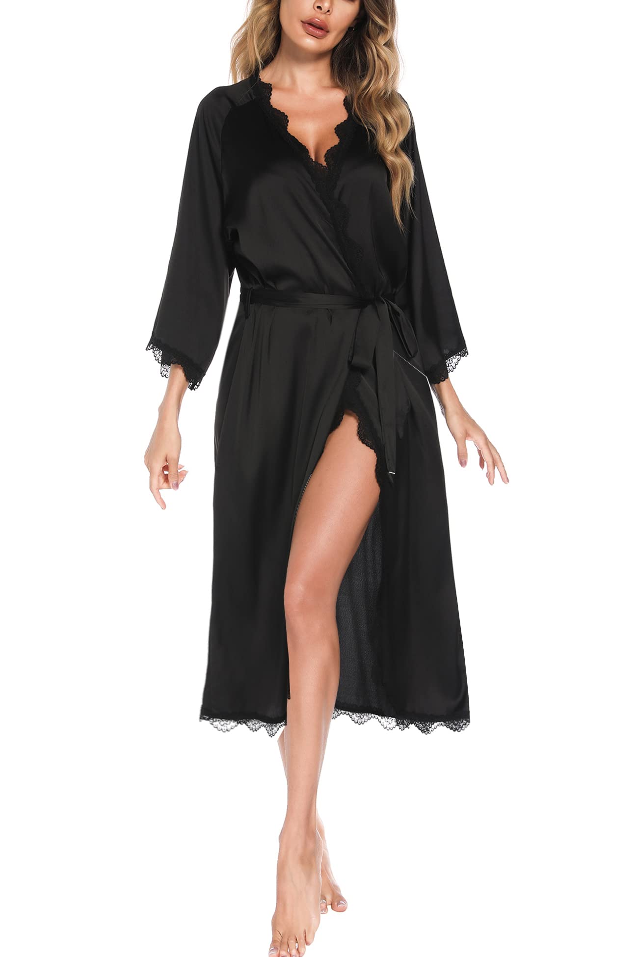 Aranmei Bata Mujer Seda, Bata Satén Kimono Largo Cuello V Camisones de Manga 3/4 Ribete Encaje Ligero Bata Novia Boda y Damas de Honor