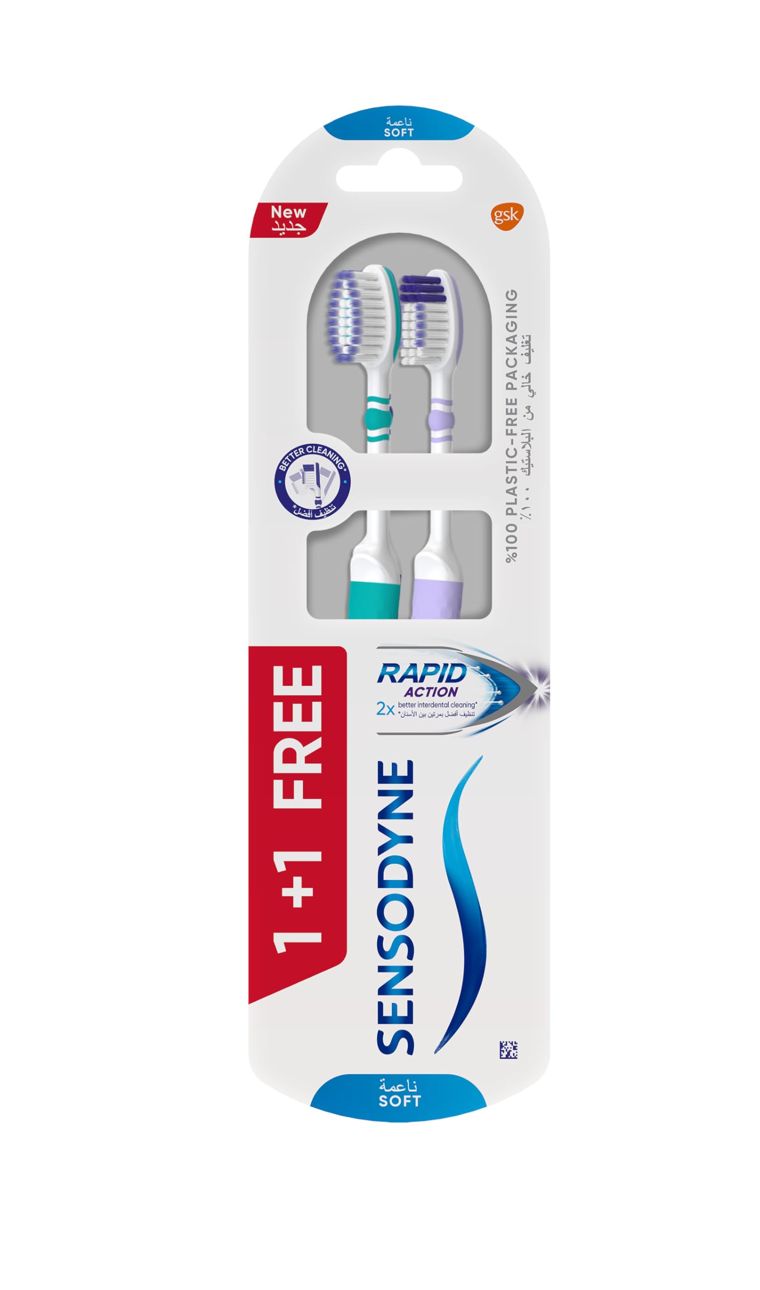 Sensodyne, Toothbrush, Family Pack, Rapid Action, Plastic-Free Package, 2 X Better Pressure Control, with Soft Bristles, Assorted Color, 2 pcs