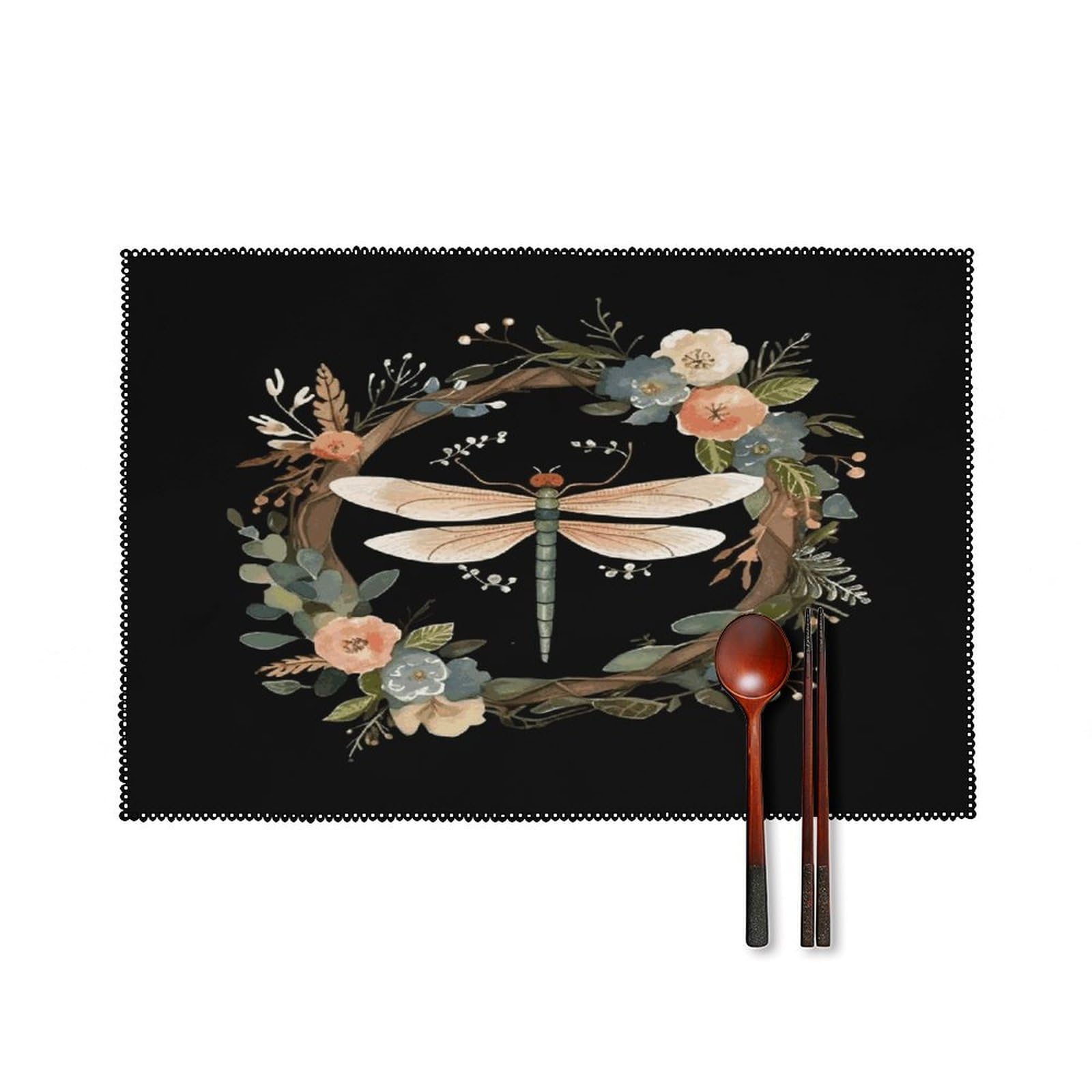 Btcowzrv Style Image Of Dragonfly In Wreath Canvas Placemats Set Of 6, Wipeable Washable Place Mats For Indoor & Outdoor, Table Mat Decor For Kitchen Dining Party