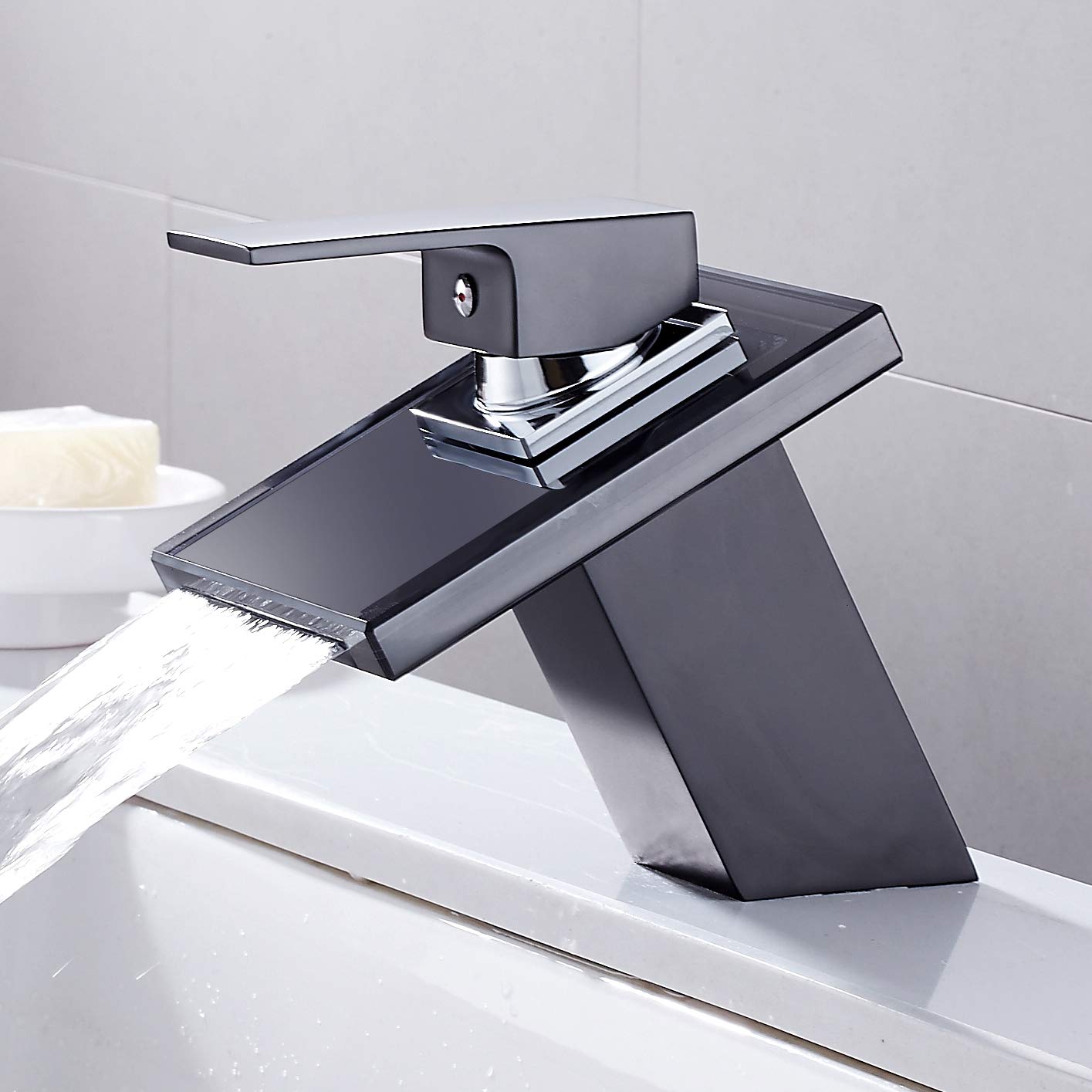 Dandelionsky Black Waterfall Basin Sink Mixer Tap Chrome Modern Bathroom Lever Faucet Glass Spout Single Handle Washroom Basin Mixer Taps