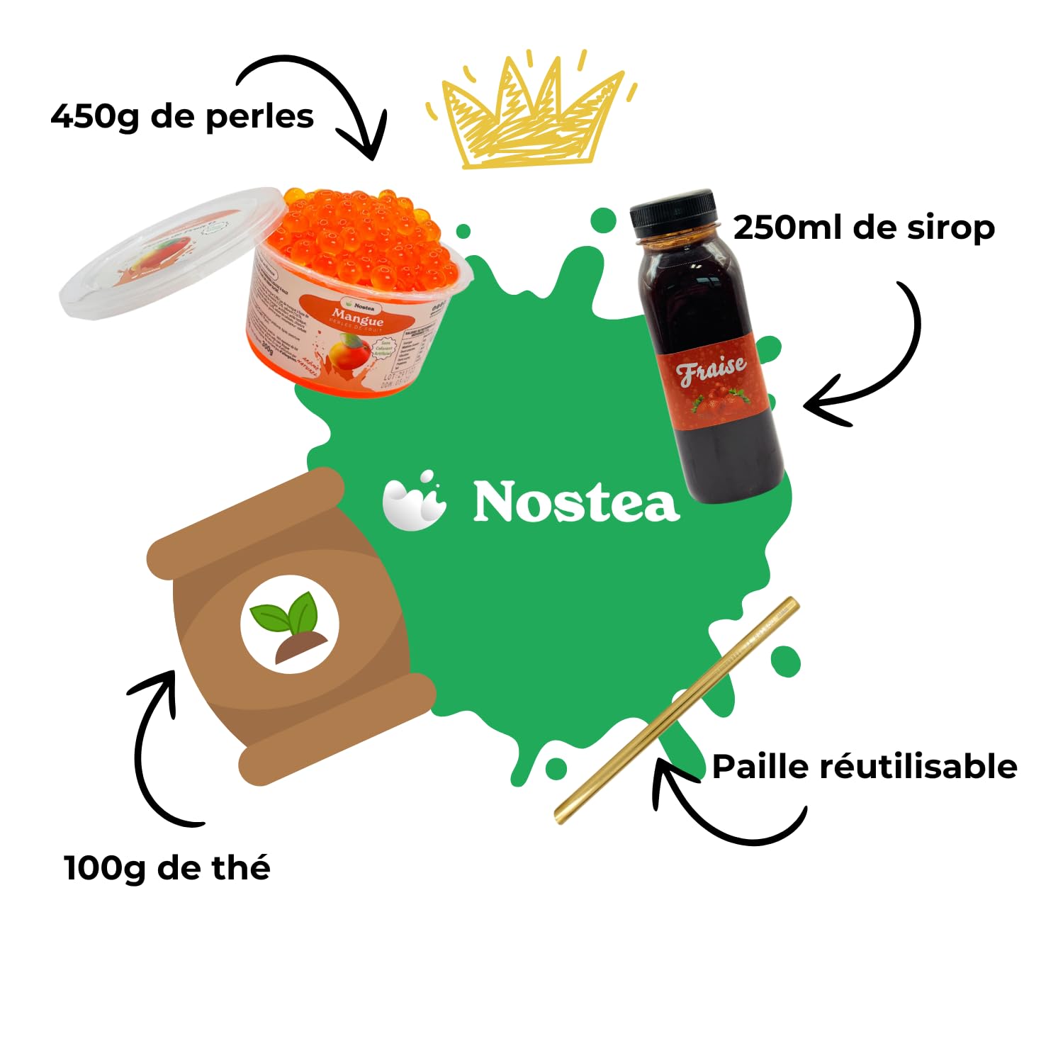 Nostea - Kit à Bubble Tea - Thé Vert Jasmin - Avec Sirop Litchi+ Perles Fraise et Paille Réutilisable - 100% Vegan, Sans Colorants Artificiels - Pour Plus de 10 Bubble Tea