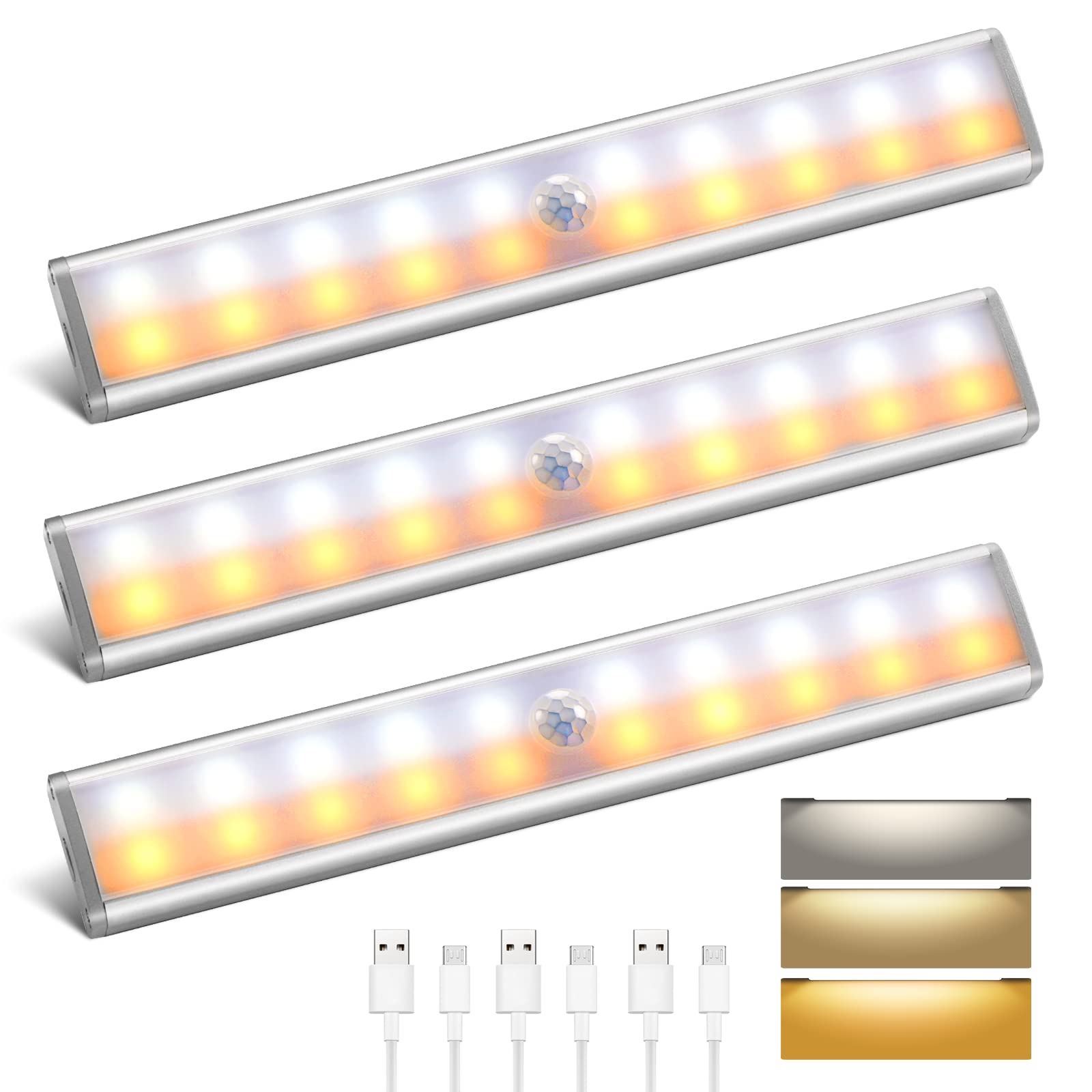 Hokolin LED Motion Sensor Under Cabinet Lights - Rechargeable Stick-On Closet Lights with Detachable Light Bar and 3 Color Temperature Options for Kitchen, Wardrobe, Stairs - Pack of 3