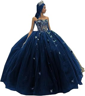 Strapless Quinceanera Prom Formal Dresses with Cute Butterflies Crystal Beads Big Bow at Back A line Tulle 2025