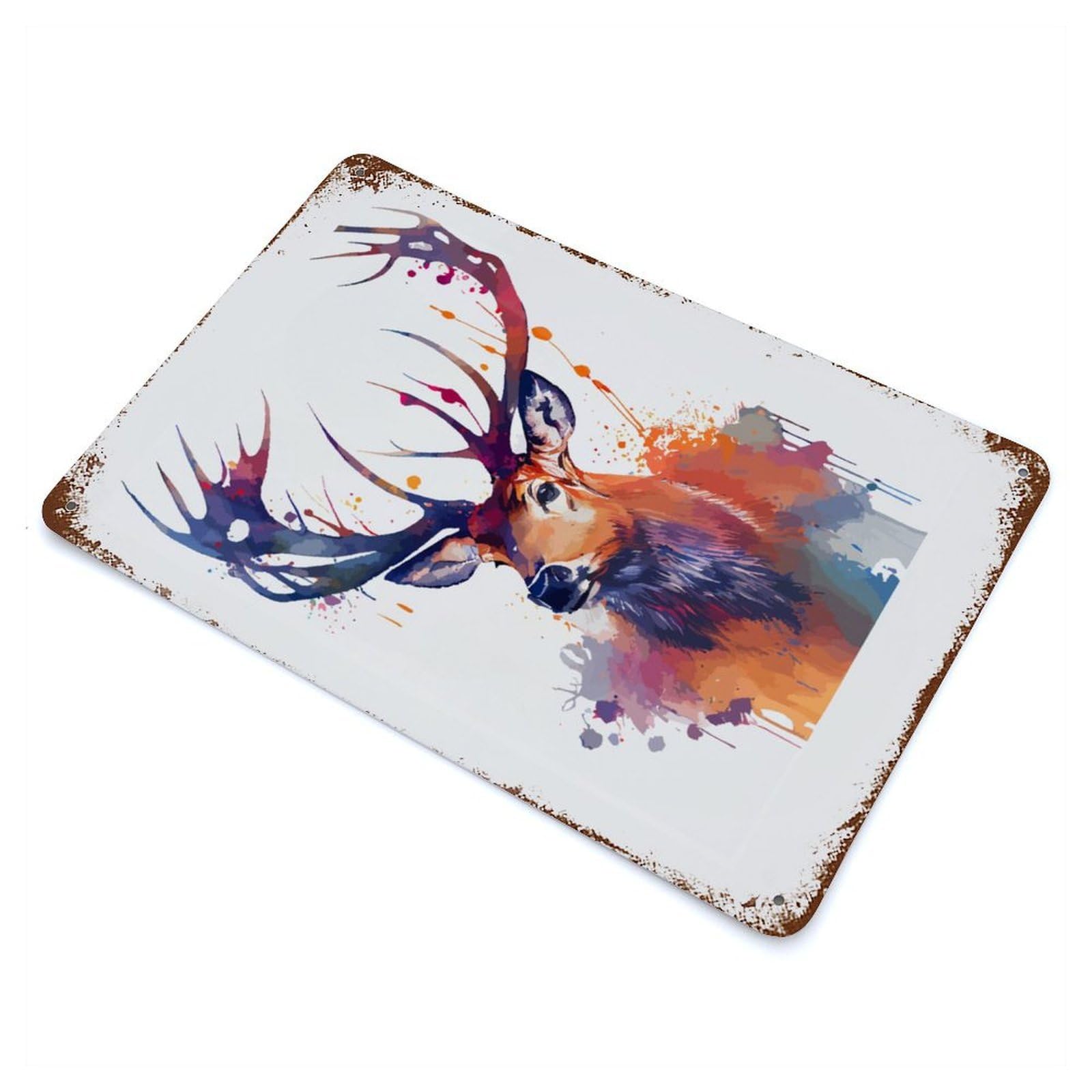 Deer In Watercolor Rustic Tin Plaque 11.8"x7.9", for Living Room, Hallway And Home Decor, Decorative Metal Wall Art