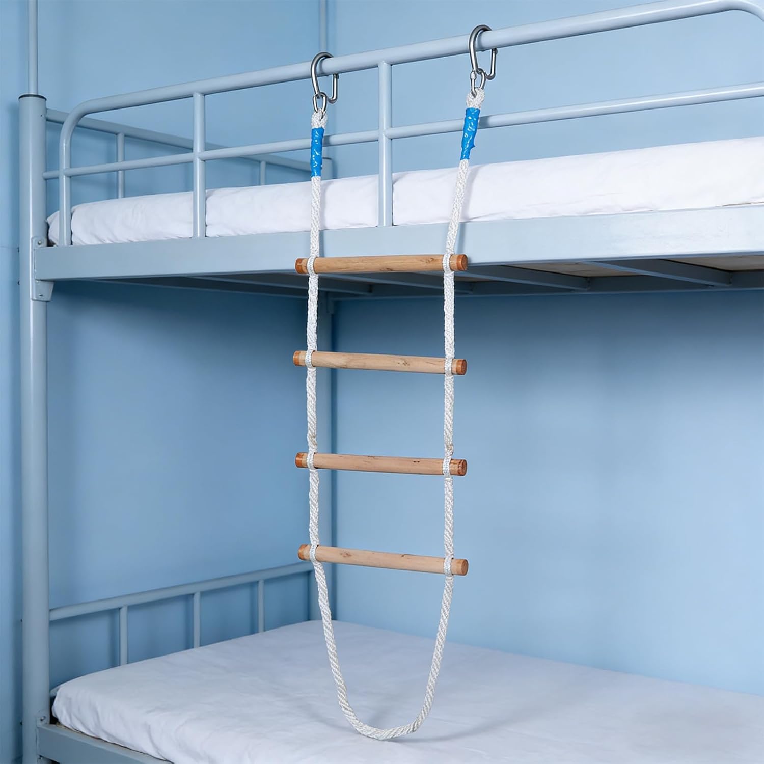 Space Saving Wooden Bunk Ladder - 4 Steps and 59 Inch Rope - Wood Slat Ladder for Apartment Loft Bed Climb Playroom Solution