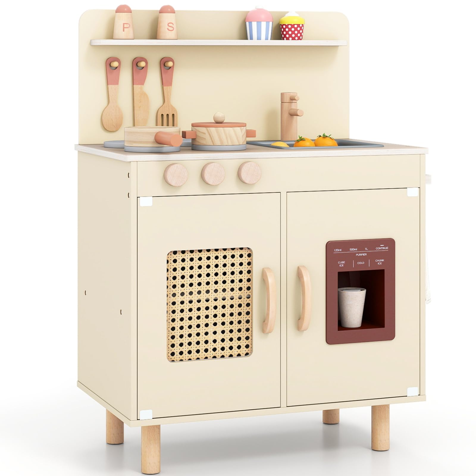 Maxmass Kids Toy Kitchen, Wooden Toddler Role Play Kitchen with Ice Maker, Dual Stoves, Sink, Complete Accessories, Children Pretend Kitchens Cooking Playset for 3+ Years Old Boys Girls (Yellow)