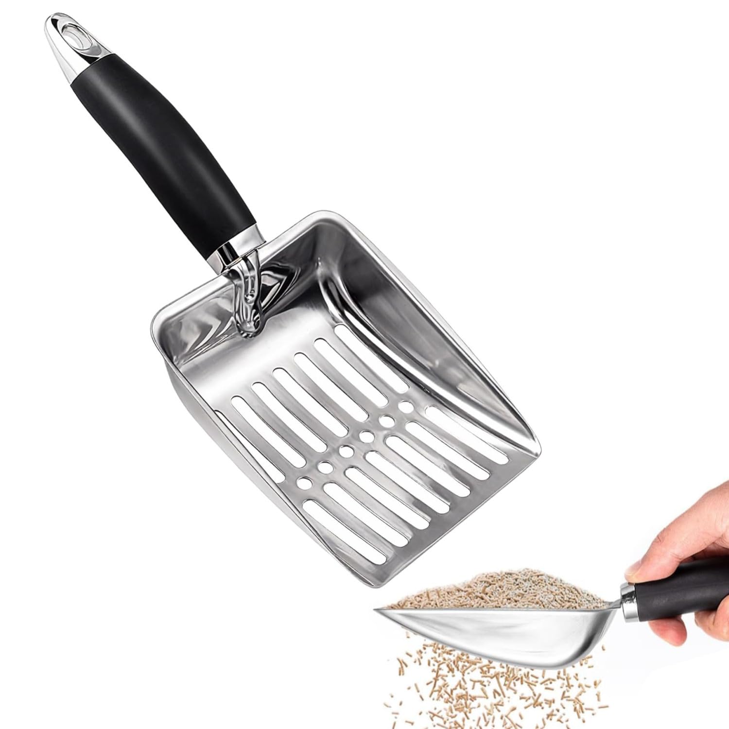 Łyżka do kuwety dla kota, wykonana z wytrzymałego metalu, łatwa do czyszczenia i praktyczna w użyciu, ergonomiczny design z wygodnym uchwytem, narzędzie do czyszczenia higienicznej żwirki