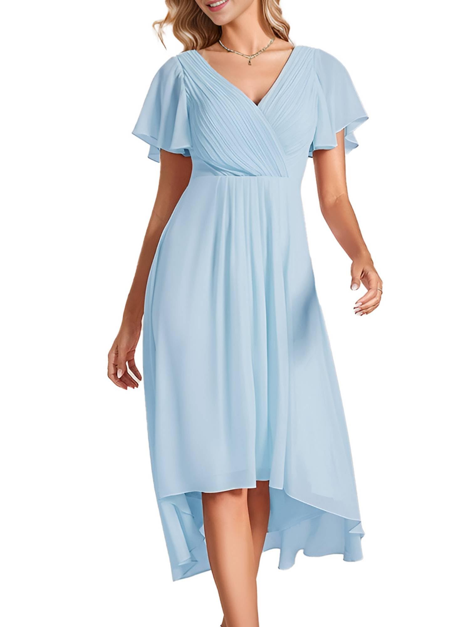 Ever-Pretty Vestito Elegante Donna Cerimonia Manica Corta Collo a V Gonna Midi Cielo Blu 40