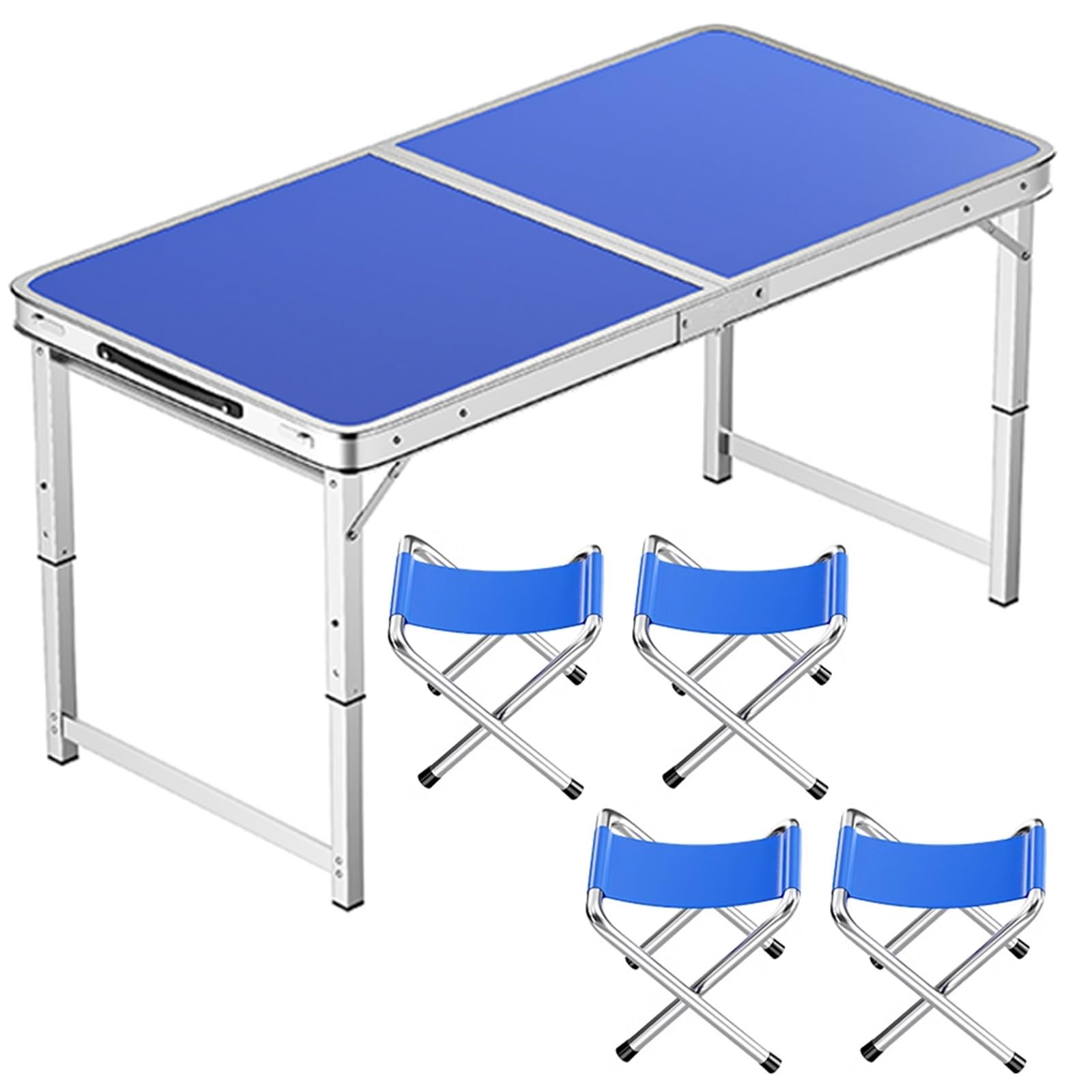 Aluminiowy składany stół o regulowanej wysokości, przenośny stół kempingowy z uchwytem, składany, do wewnątrz, stół cateringowy, na imprezę, piknik, ślub, 100 x 50 cm, niebieski + 4 stołki)