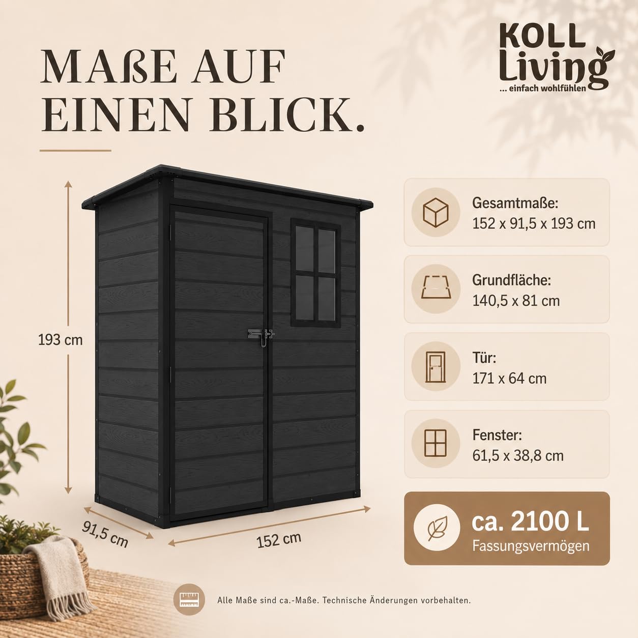Koll Living Gartenhaus Arden | 2100 Liter, 152 x 91,5 x 193 cm | hochwertige Kunststoffpaneele in Schwarz | mit Fenster, abschließbar | UV- & witterungesbeständig