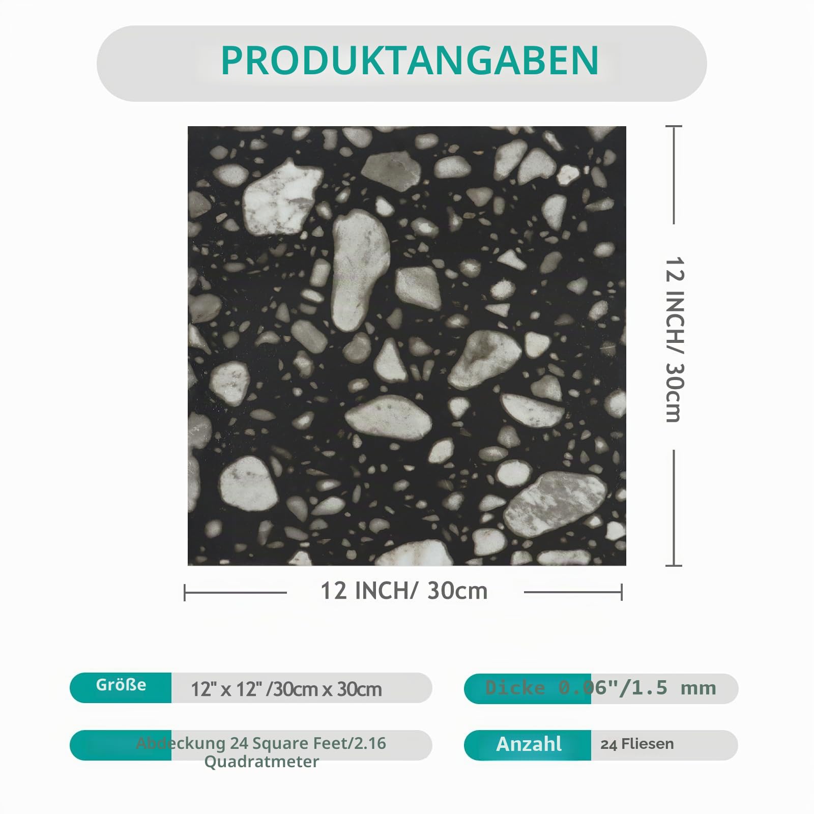 VEELIKE PVC Bodenbelag Terrazzo Schwarz PVC Fliesen Selbstklebend Vinylboden Granit Schwarz Fliesenaufkleber Bodenfliesen Küchen PVC Fliesen Garage Wohnzimmer Schlafzimmer 1.5mm 30cm×30cm 24 Stück