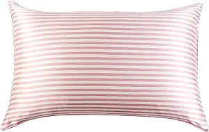THXSILK Mulberry Silk Pillowcase for Hair and Skin Health, Grade 6A+ Mulberry Silk Pillowcase with Hidden Zipper, Soft and Breathable, 1pc (Standard 20"x26", Pink White Stripes)
