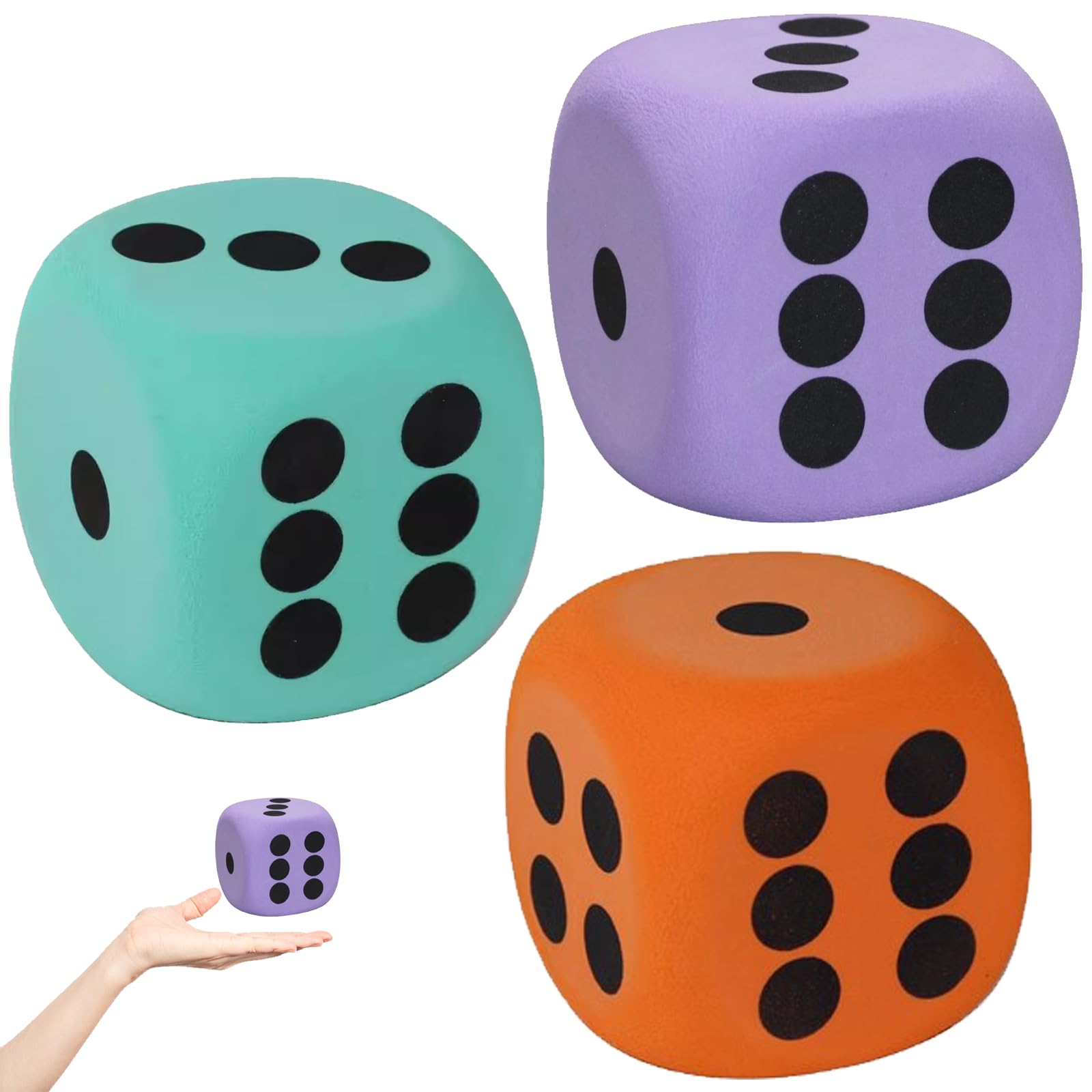 fKiZanthene Large Foam Dice Set, 3-Piece 6x6x6cm EVA Cubes in Pastel Blue Purple Orange for Classroom Games and Math Teaching