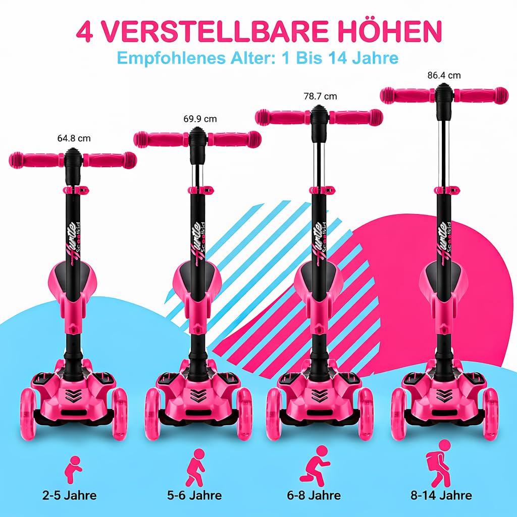 Hurtle Roller Kinder ab 2 Jahre - 3-Rad mit Klappsitz - LED Leuchträdern - Höhenverstellbar - Tretroller für Indoor & Outdoor - Mädchen & Jungen