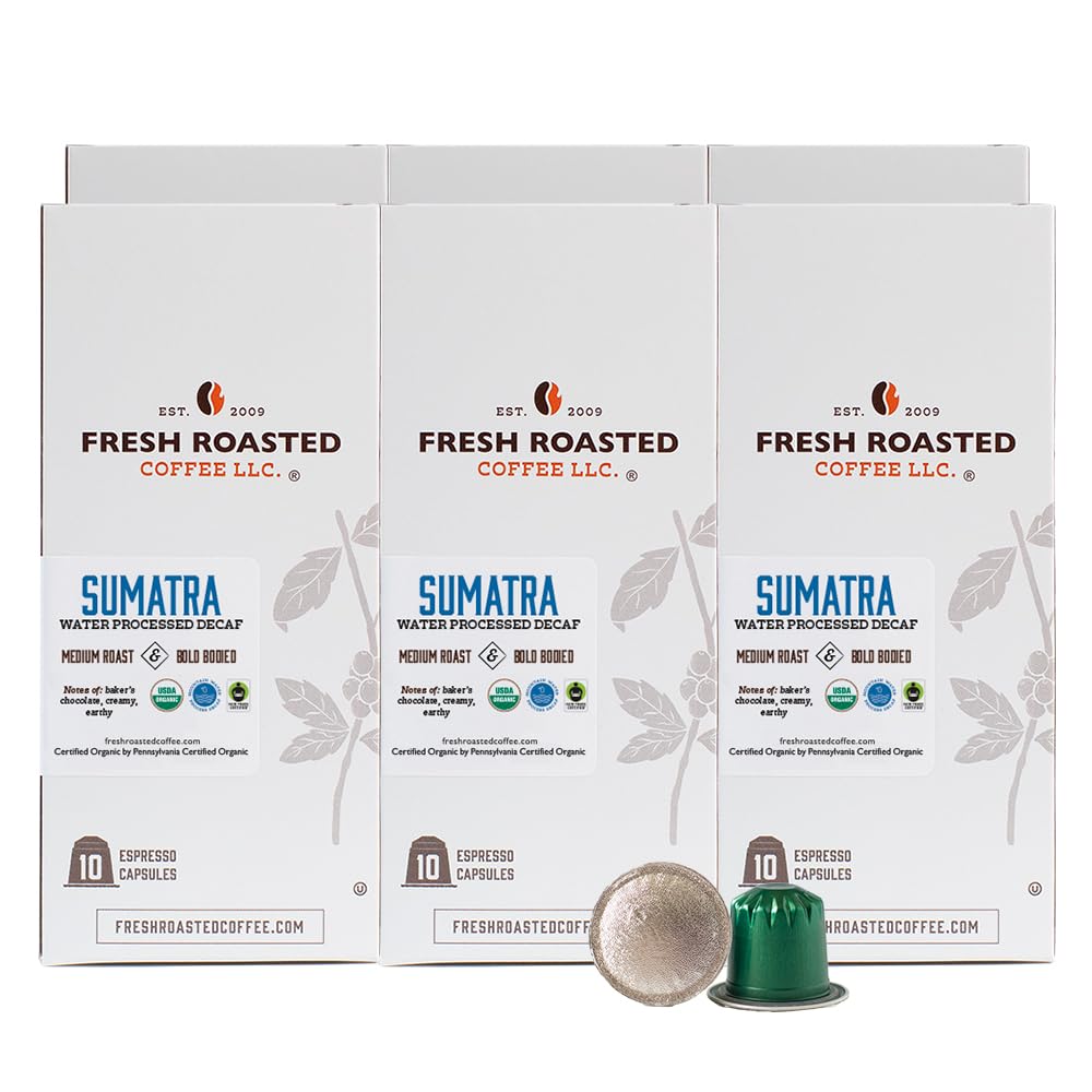 Fresh Roasted Coffee for Nespresso OriginalLine, Organic Sumatra WP Decaf | Single Orgin | Medium | 60 Count Aluminum Capsule