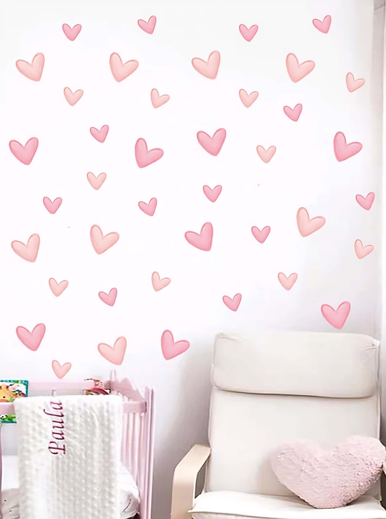 Set de 60 Pegatinas Infantiles Decorativas de Vinilo Adhesivo para Pared - Diseño de Corazones Rosa Adhesivos estilo Acuarela para Decoracion Habitacion Niño, Niña