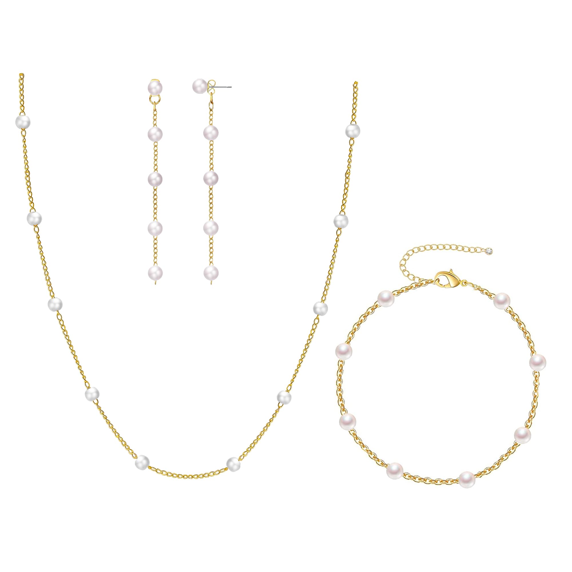KXIEER Gold Jewelry Set for Women, Dainty 14K Gold/Silver Plated Pearl Necklace and Earring Set with Drop Earrings, Bracelets, Choker Necklace - Wedding Jewelry Gift