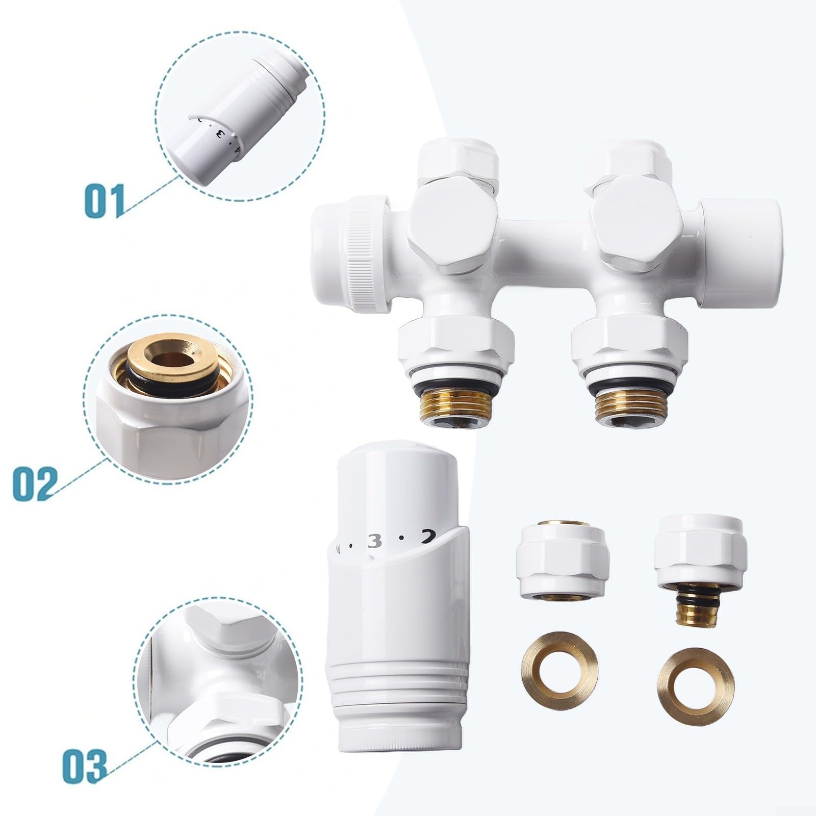 Valvola termostatica per termosifone da 1/2" per scaldasalviette, testa in ottone TRV con sensore liquido, distanza tra i centri di 50 mm, finitura cromata (bianco)