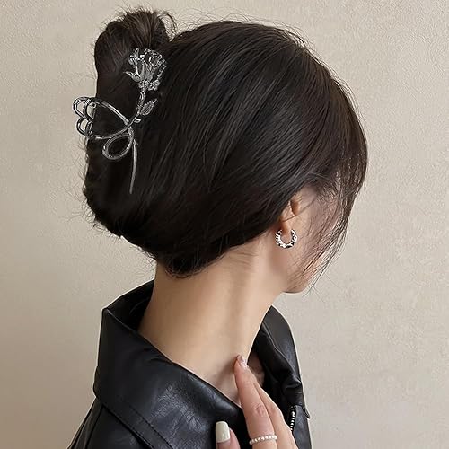 Miniatura 5 de Pinzas para el cabello con diseño de flores, clips de metal gunmetal negro con rosas, clips grandes en forma de corazón antideslizantes para el
