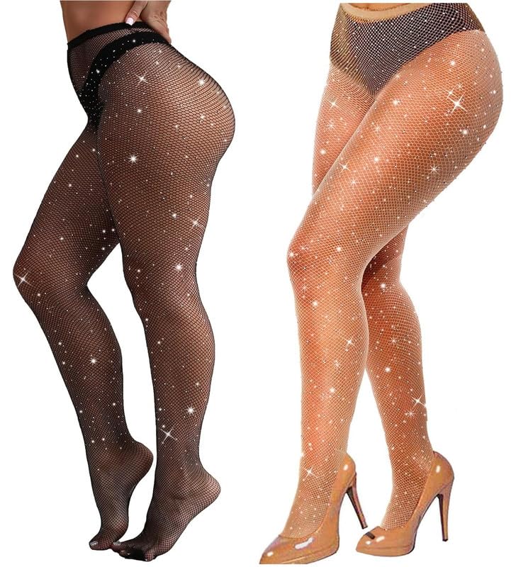 2 Pairs Rhinestone Fishnet Tights Womens, Sparkly Tights for Women Stretchy Diamond Fishnet Stockings Glitter Cross Rhinestone Mesh Fish Net Tights with Diamonds
