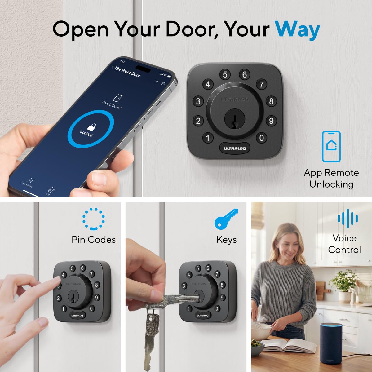 ULTRALOQ Serrure Intelligente WiFi U-Bolt, Verrouillage Sans Clé, Compatible Alexa, Google Assistant, Smartthings, IFTTT, Noir